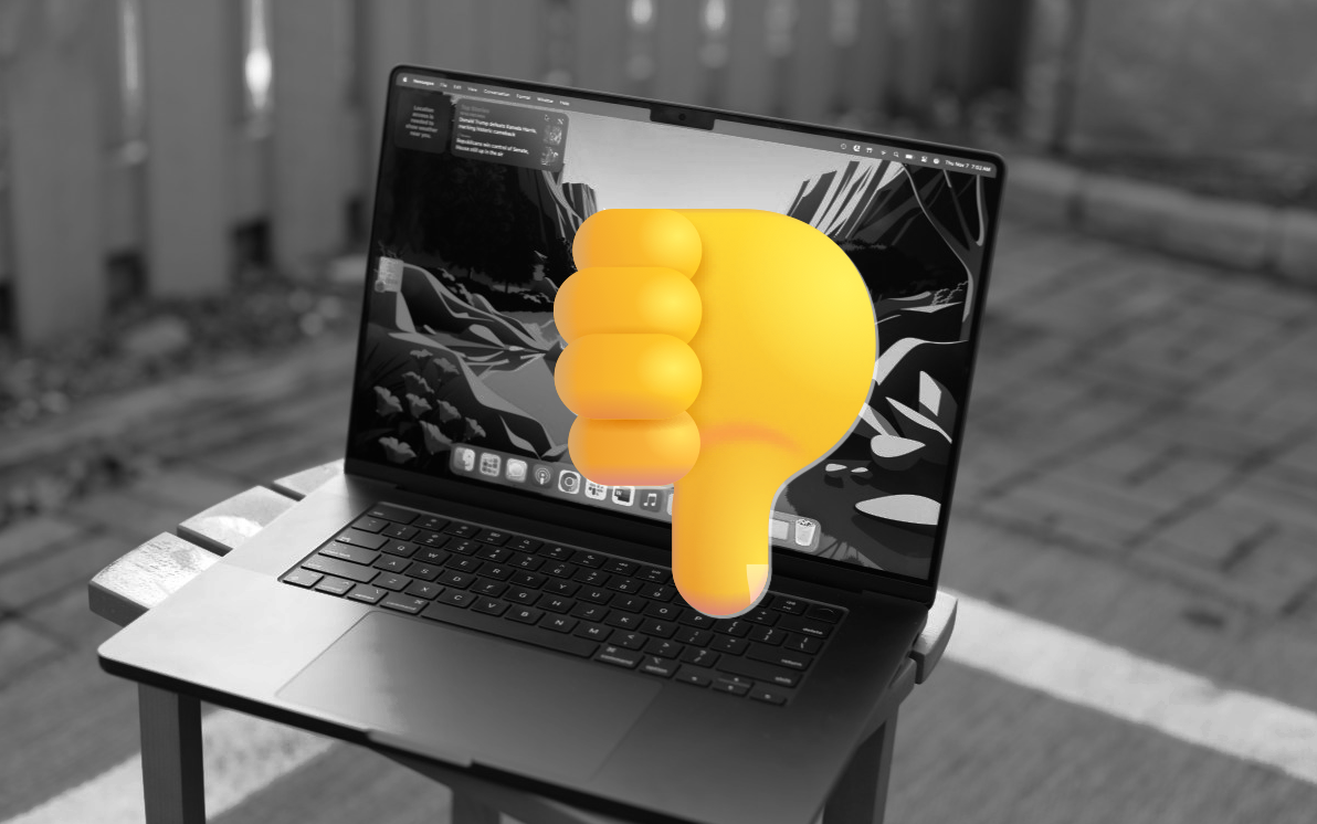 MacOS is a hostile operating system; thumbs down icon on MacBook